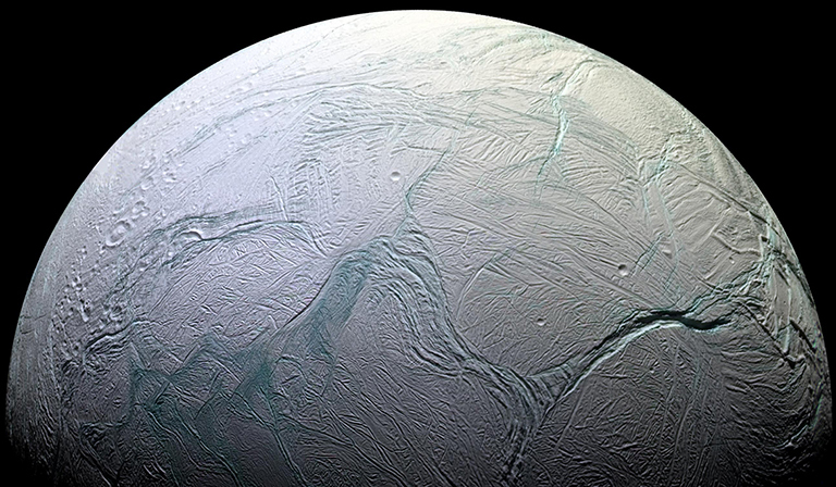 Under the thick ice crust of Saturn's moon Enceladus flows water. Could it harbor life? A new NASA-funded research alliance called Oceans Across Space and Time wants to know. Credit: NASA