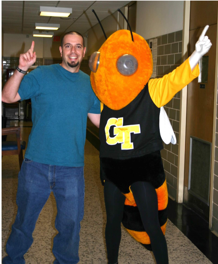 Yellow jacket researcher Michael Goodisman poses with Buzz, the ultimate yellow jacket.