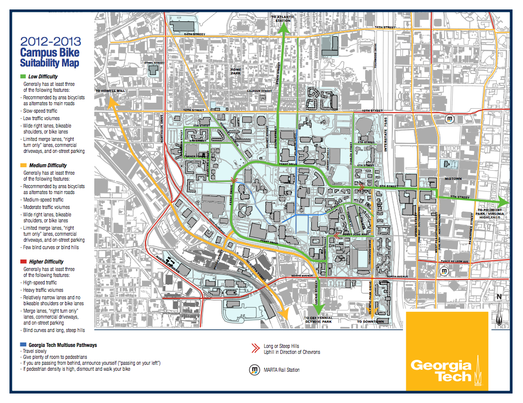 The Campus Bike Suitability Map (pdf) helps cyclists plan their routes on and around campus.