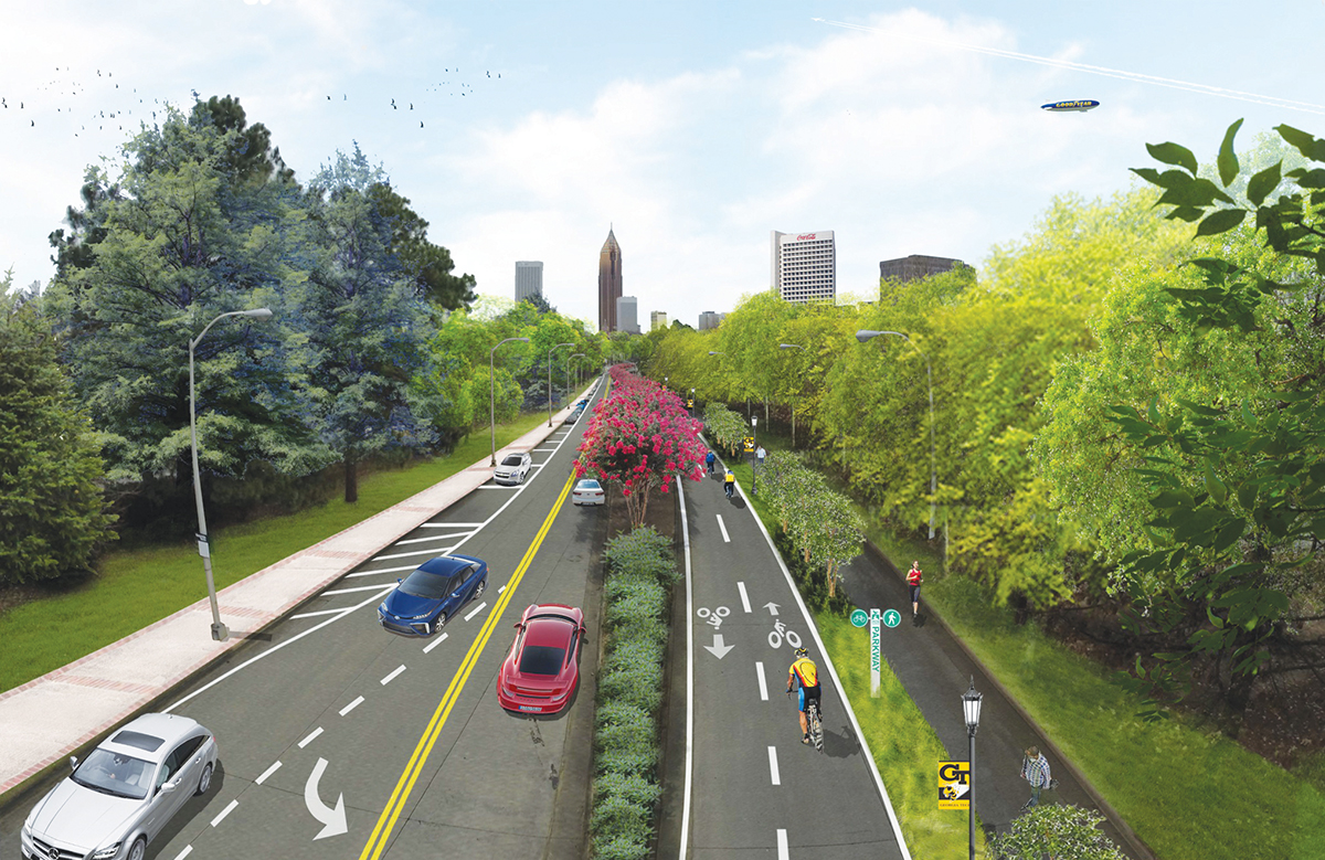 Facing south, this rendering shows what Tech Parkway would look like upon project completion.