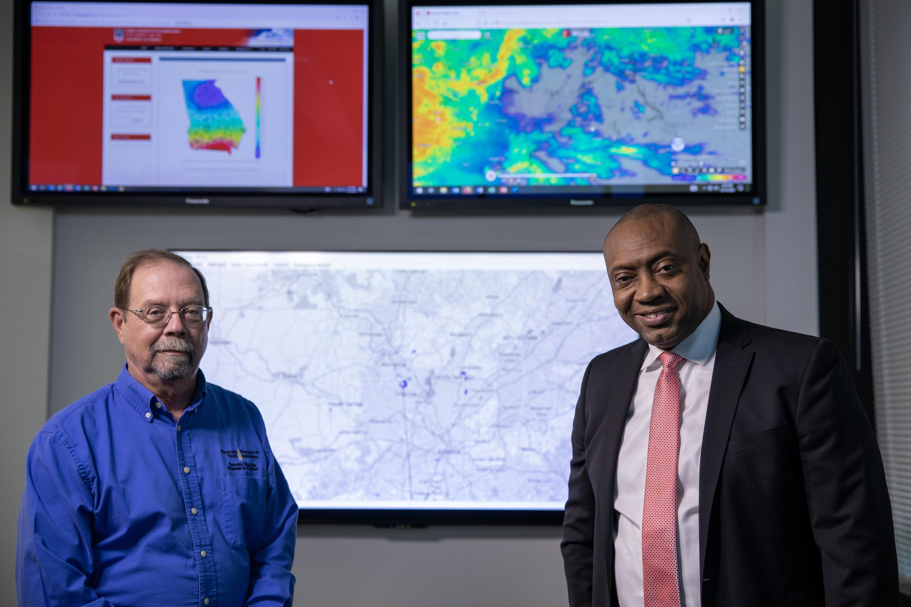 Researchers John Trostel (GTRI) and Marshall Shepherd (University of Georgia) will be using the new weather radar to provide better information about north Georgia weather - and for research and education at Georgia Tech and the University of Georgia. (Credit: Sean McNeil, GTRI)
