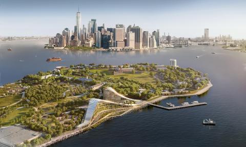 A project rendering for the New York Climate Exchange (The Exchange) on Governors Island in New York City. The center is slated to open in 2028.