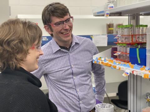 William Ratcliff, assistant professor in the School of Biological Sciences, chats with Carina Baskett, grant writer for Georgia Tech's Center for Microbial Dynamics and Infection. Ratcliff's group led the study. (Photo: Audra Davidson)